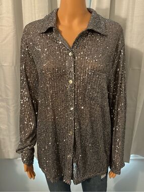 Pretty Porter Collective size S relaxed silver sequin long sleeve button shirt
